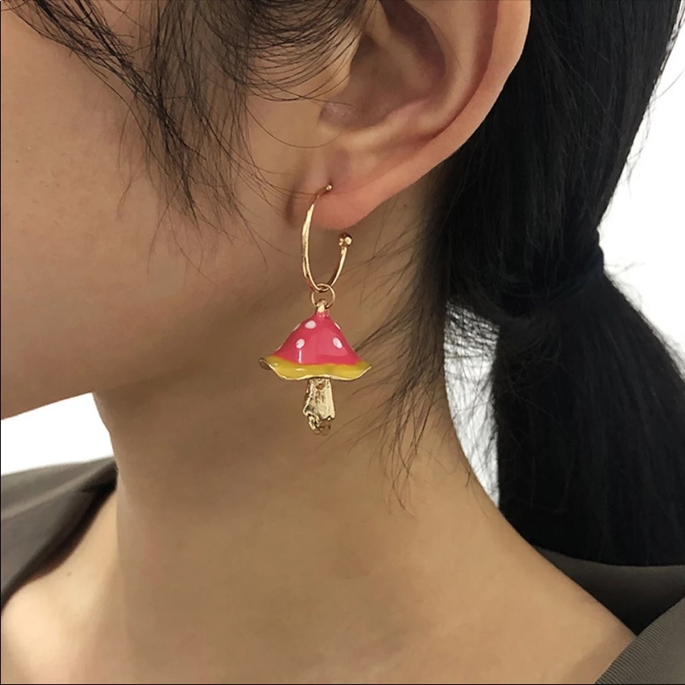 Pink Yellow & Gold Mushroom Hoop Earrings 🍄